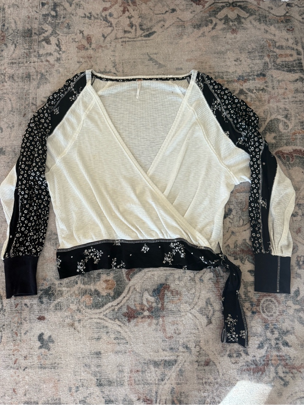 Free People Cream Wrap Top with Black Floral Trim